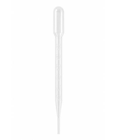 Disposable plastic Pasteur pipette, 3 ml capacity, with embossed graduations for visual volume control. Made of translucent matt