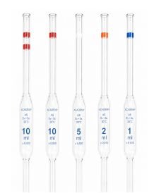 Single-mark volumetric glass pipettes, capacities from 1 ml to 100 ml, Class AS, calibrated at 20 °C in accordance with DIN and 