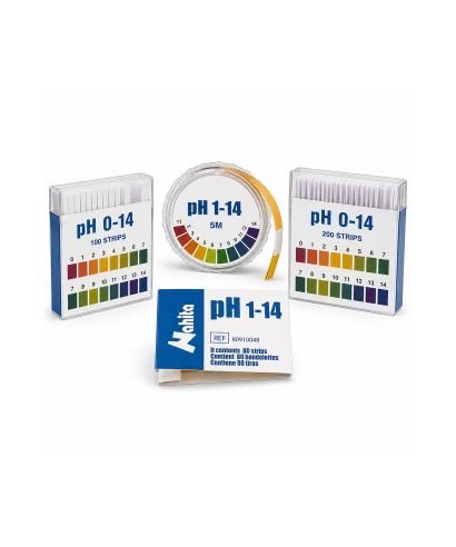 pH indicator paper in roll and strips (80, 100 and 200 units) with colour scale for rapid determination by colour comparison.