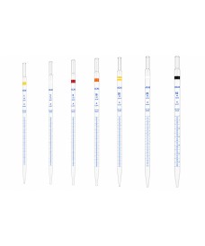 Pipetas graduadas de vidrio clase A Academy con serigrafía azul, disponibles de 1 ml a 50 ml, calibradas a 20 °C según DIN 12690