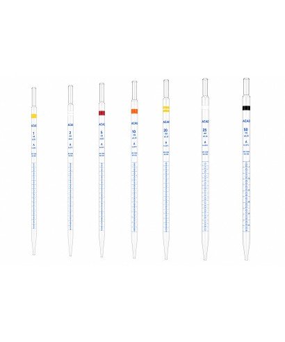 Class A graduated glass pipettes Academy with blue graduations, available from 1 ml to 50 ml, calibrated at 20 °C in accordance 