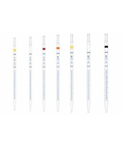 Pipetas graduadas de vidrio clase A Academy con serigrafía azul, disponibles de 1 ml a 50 ml, calibradas a 20 °C según DIN 12690
