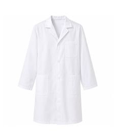 Bata de laboratorio blanca en algodón y poliéster con botones frontales, manga larga y bolsillos prácticos.