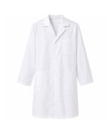 Bata de laboratorio blanca en algodón y poliéster con botones frontales, manga larga y bolsillos prácticos.