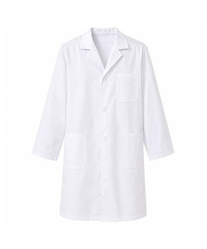 White cotton and polyester laboratory coat with front buttons, long sleeves and practical pockets.