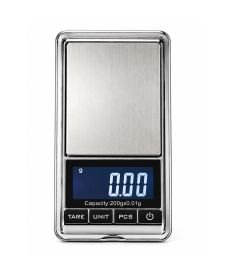 Balanza digital de bolsillo con precisión de 0,01 g, pantalla LCD retroiluminada y plataforma acero inoxidable.