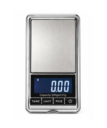 Pocket digital scale with 0.01 g precision, backlit LCD display and stainless steel platform.