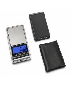 Pocket precision scale with 0.01 g readability, protective cover and flexible pouch for transport and storage.