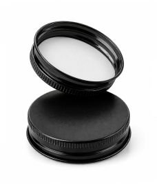 Couvercle en aluminium noir avec filetage de 51 mm, finition satinée et disque intérieur en polyéthylène expansé EPE.