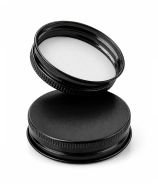 Tapa de aluminio negra con rosca de 51 mm, acabado satinado y disco interior de polietileno expandido EPE.