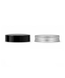 Couvercles à vis R3/71,5 pour pots en verre de 250 ml en aluminium argenté et bakélite noire.