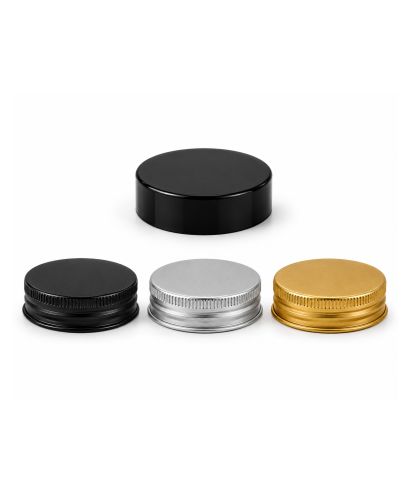 Couvercles en aluminium, PP et bakélite noire pour flacons et pots en verre à large ouverture.