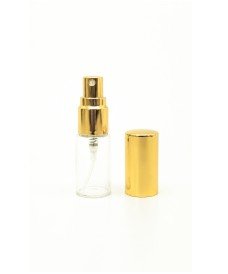 Frasco de vidrio transparente de 5ml con tapa dorada, disponible en versión spray o roll-on.