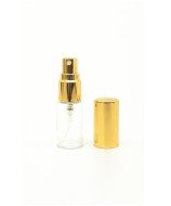 Frasco de vidrio transparente de 5ml con tapa dorada, disponible en versión spray o roll-on.