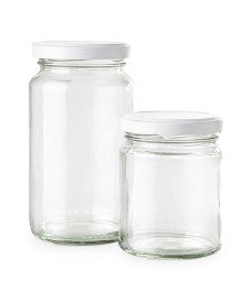 Clear glass jars with metal twist-off lids, available in various capacities, including a graduated version.