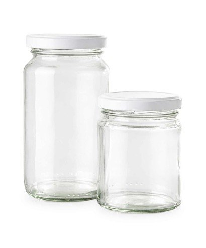 Pots en verre transparent avec capsules métalliques Twist-Off, disponibles en plusieurs capacités, dont un modèle gradué.