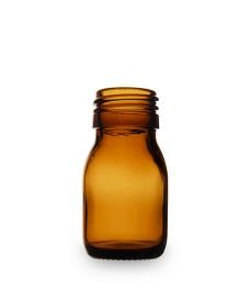 Frasco de vidrio ámbar de 30 ml con rosca PP28, sin tapa.