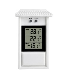 Thermomètre atmosphérique numérique maximum-minimum pour intérieur/extérieur, avec écran clair et plage de -40 °C à +50 °C.