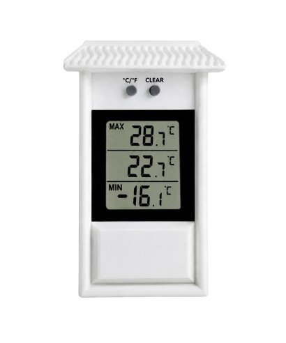 Digital maximum-minimum atmospheric thermometer for indoor/outdoor use, with clear display and -40 °C to +50 °C range.
