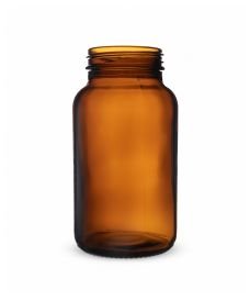 Frasco de vidrio ámbar de 250 ml con boca ancha y rosca, sin tapa.