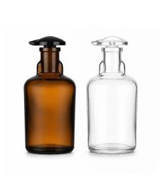 100 ml amber and clear glass dropping bottles with glass stoppers, for dispensing reagents, acids, and laboratory formulations.