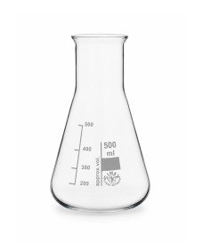 Borosilicate conical glass flasks, with a wide neck and flat base, from the Simax range, available in various capacities