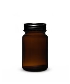 Bocal poudrier en verre ambré de 60 ml à large ouverture avec bouchon à vis en aluminium noir.