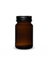 Bocal poudrier en verre ambré de 60 ml à large ouverture avec bouchon à vis en aluminium noir.
