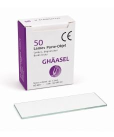 Caja de 50 portaobjetos Ghäasel de 76x26 mm con bordes cortados y cantos a 90° para microscopía.