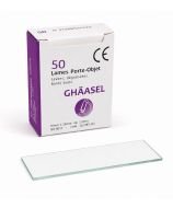 Caja de 50 portaobjetos Ghäasel de 76x26 mm con bordes cortados y cantos a 90° para microscopía.