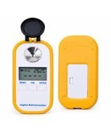 Digital refractometer for Brix, salt and refractive index: front view with open prism cover and rear view.