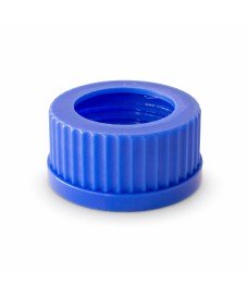 Tapa de rosca GL45 de PP azul con orificio de 34 mm para séptum, para extracción o dosificación con jeringa.