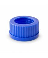 Tapa de rosca GL45 de PP azul con orificio de 34 mm para séptum, para extracción o dosificación con jeringa.