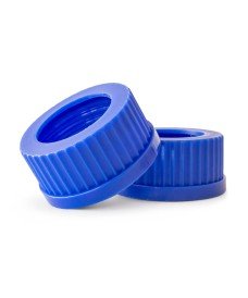 Tapa GL45 de PP azul con orificio de 34 mm para séptum, autoclavable hasta 140 °C y apta para uso en laboratorio.