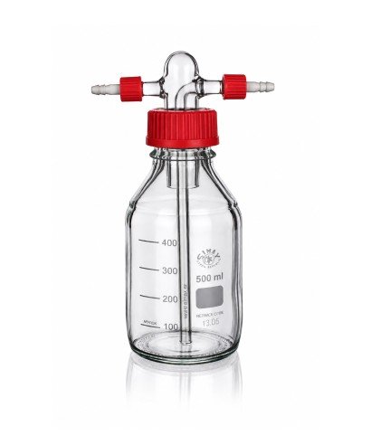 SIMAX 500 ml borosilicate glass Drechsel gas washing bottle with GL45 screw cap and plastic hose connectors