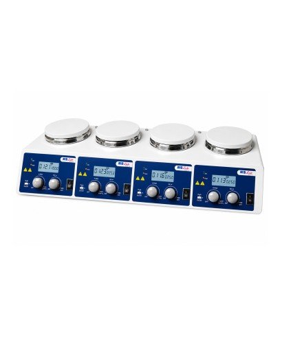 Agitador magnético RSLAB-4PC con calefacción, 4 posiciones independientes de 10 L y platos con recubrimiento cerámico.
