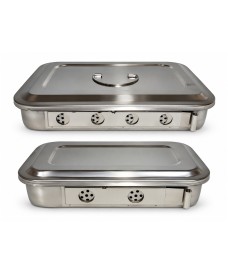 Stainless steel sterilisation boxes suitable for autoclaves, with lids available with or without a handle.