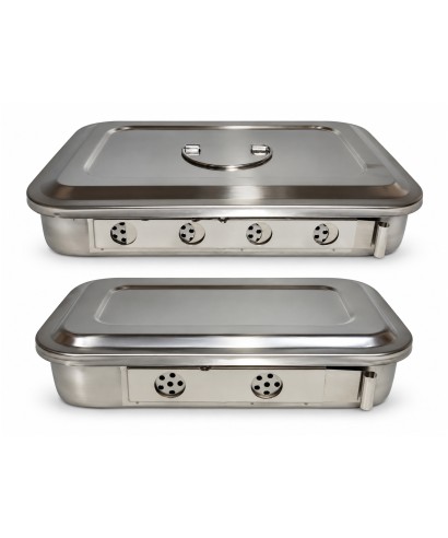 Stainless steel sterilisation boxes suitable for autoclaves, with lids available with or without a handle.